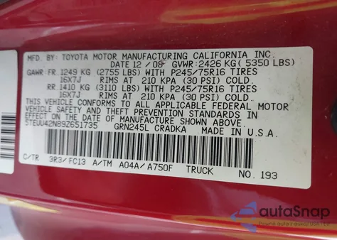 2009 Toyota Tacoma Base V6 from USA, damaged, VIN 5TEUU42N89Z651735